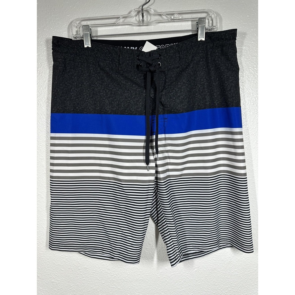 Old Navy Board Shorts Mens 34 Black Blue Striped Swim Trunks Quick Dry Beach